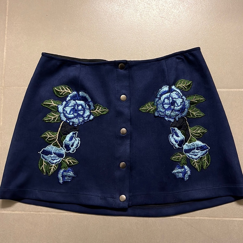 Floral Embroidered Suede Skirt